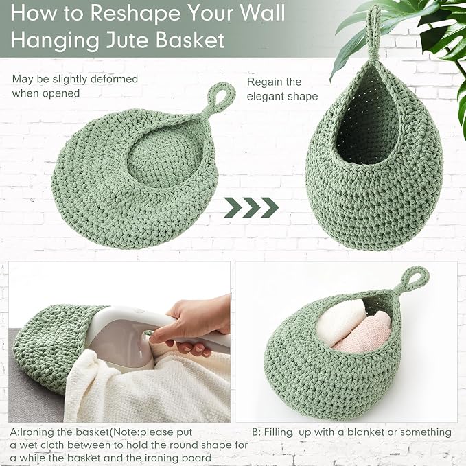 Honeydak 3 Hanging Baskets, Sage Green, Cotton Rope - Image 4