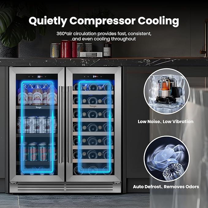 Yeego 24 Inch Wine and Beverage Refrigerator - 80 Cans & 33 Bottles Wine Fridge with Glass Door, 36-72°F Built-In or Freestanding Dual Zone Wine Cooler for Kitchen Bar Office Beer Soda Drink