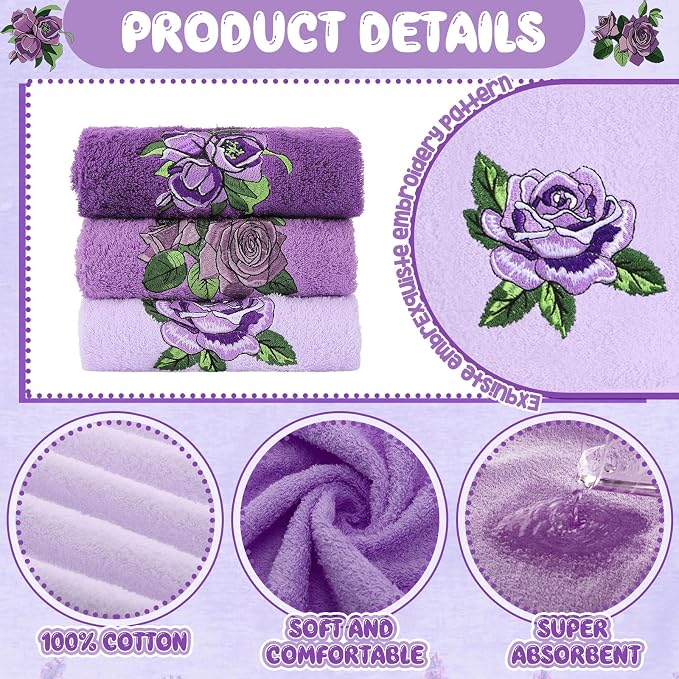 3 Pcs Purple Rose Hand Towels Lavender Purple Bathroom Decor | Embroidered - Image 3