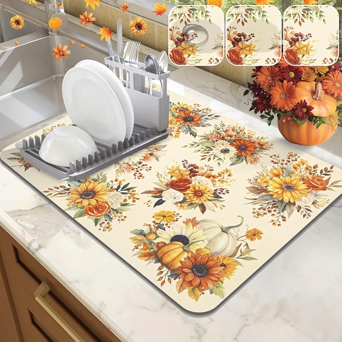 LOKHOM 12"x20" Fall Dish Drying Mat，Autumn Harvest Pumpkin Sunflower | by LOKHOM