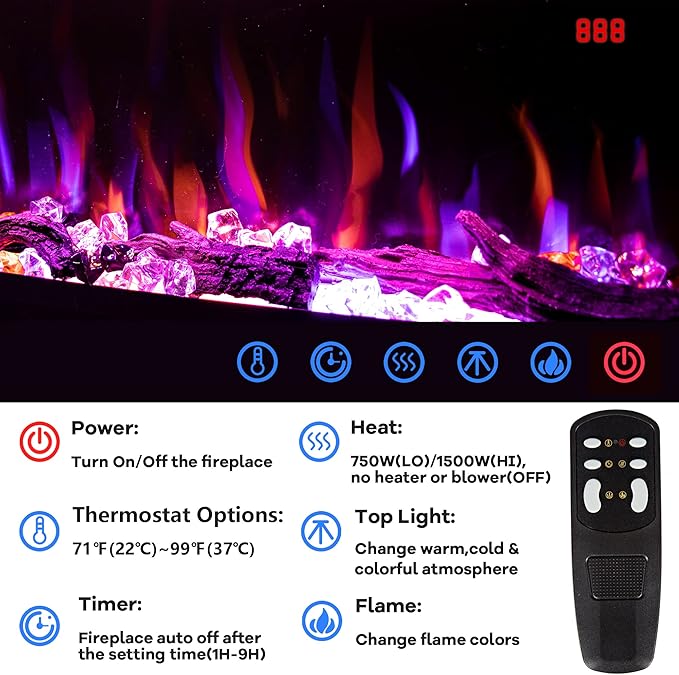 Electric Fireplace 42 inch, Recessed Wall Mounted Fireplace Heater, Linear in-Wall Fireplace, Logs & Crystal Options, 750/1500W, Black (42")