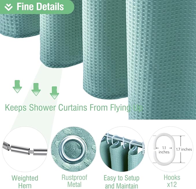 Dynamene Long Waffle Shower Curtain 256 GSM Heavy 72"x78" Teal/Turquoise - Image 5