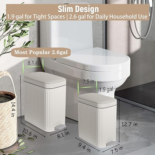 Small Bathroom Trash Can with Lid, 1.9 Gallon Slim Soft Close Step, Cream | - Image 2