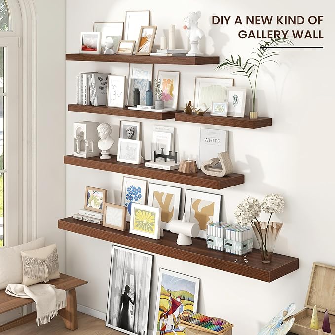 Floating Shelves for Wall 72"W x 11.6"D x 2"H, Long Engineered Wood Wall Shelves with Invisible Brackets for Living Room Bedroom Bathroom Office Kitchen Decor and Storage, Walnut Finish, Set of 1