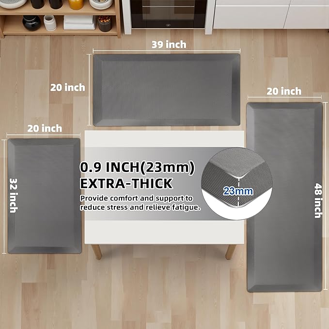 2 PCS Anti Fatigue Kitchen Mats for Floor, Grey 9/10 Extra Thick Cushioned Standing Desk Mat, Comfort Memory Foam Ergonomic Rugs and Mats Non-Slip Waterproof for Office, Kitchen, 20"x32"+20"x48"