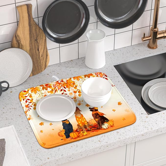 Giwawa Fall Dogs Dish Drying Mat Autumn Leaves Reusable Dishes Pad 16"x18" - Image 6