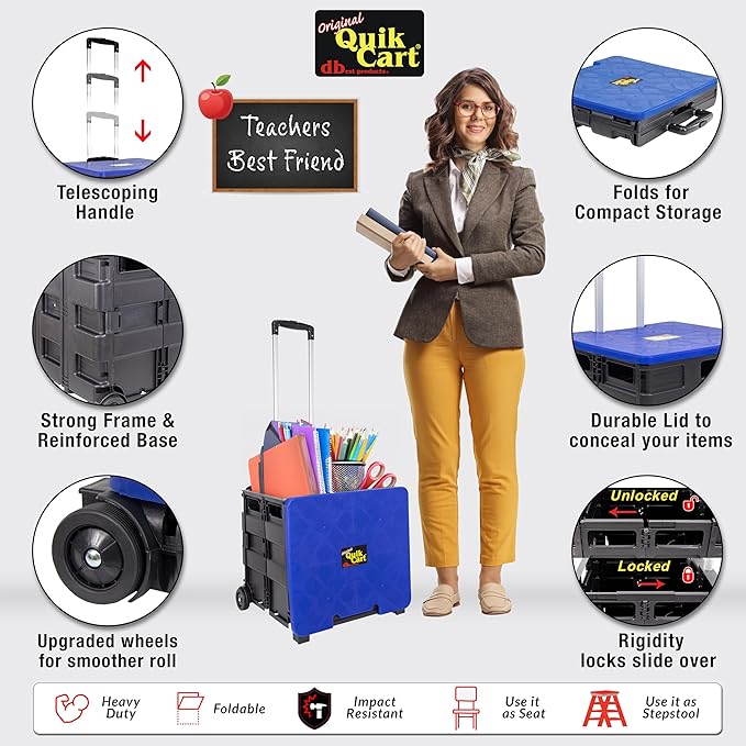 dbest products Quik Cart Collapsible Rolling Crate on Wheels for Teachers Tote Basket, 80 lbs Capacity, Blue Lid Made from Heavy Duty Plastic and used as a Seat