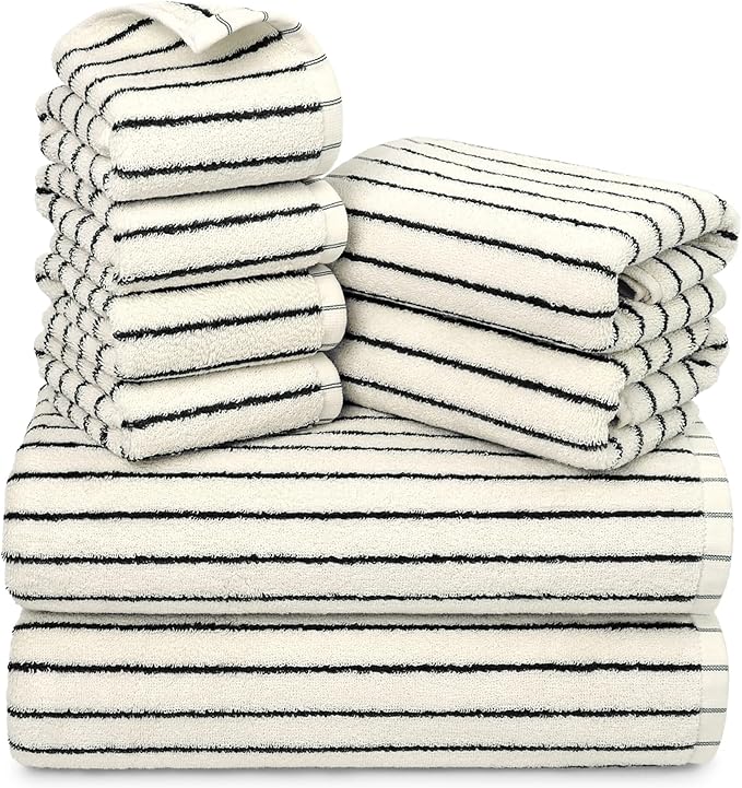 8 Piece Black and Ivory Towel Set, Super Soft & Absorbent Cotton Striped | by Jacquotha