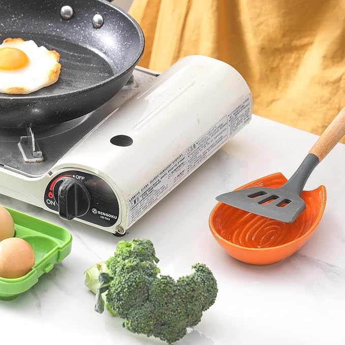 Spoon Rest, Porcelain Spoon Holder for Stove Top, Cooking Utensil Rest Kitchen Gadget Spoon Cradle for Spatula, Ladle, Tongs and Knife, Orange
