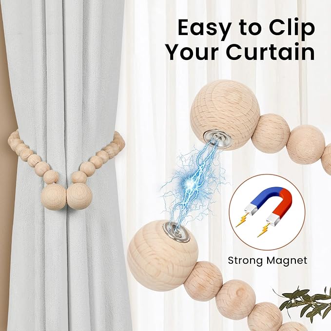 KLOGTSIND Magnetic Curtain Tiebacks, 4 Pack Wood Bead Curtain Holdbacks - Image 2