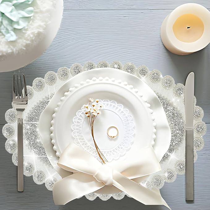 Sparkling Silver Diamond Placemats Bling Oval Place Mat Heat Elegant Table Decor for Weddings, Holidays, and Special Events (15x9 Inch)-2 PCS