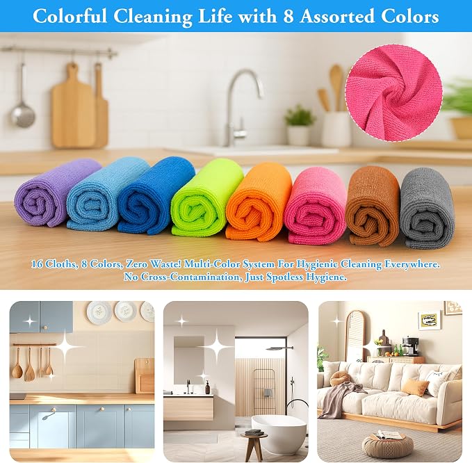lucdnc Microfiber Cleaning Cloths 16 Pack 8 Colors 11.5"x11.5" - Image 2