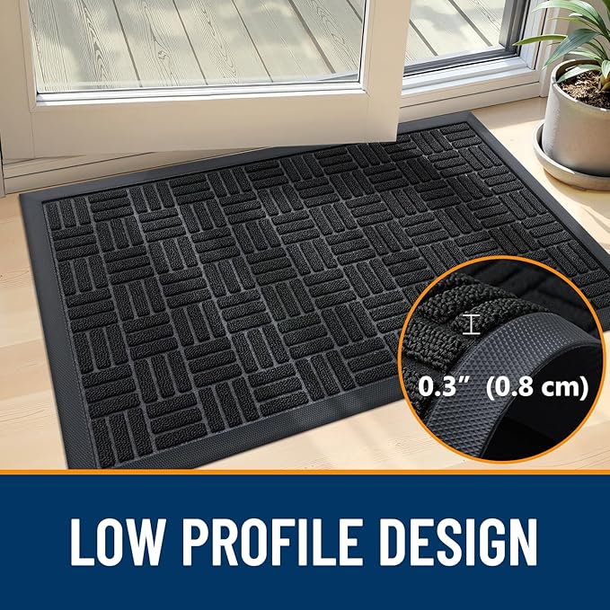 OLANLY Front Door Mat Outside Entrance 47x17, Absorbent, Heavy Duty Sturdy Natural Rubber Doormat Indoor Outdoor, Stain and Fade Resistant, Non-Slip Backing Low Profile Floor Mat for Entryway, Black
