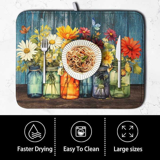 Daisy Dish Drying Mat for Kitchen Counter 16x18 Inch Rustic Vintage Flower - Image 4