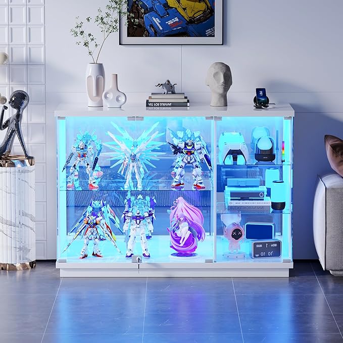Lvifur Glass Display Cabinet with Lock & LED Light, High Gloss Sideboard with Human Body Sensor & Glass Shelves for Toys, Books, Collectibles, Liquor, Bookcase for Living Room, Kitchen, Study, White