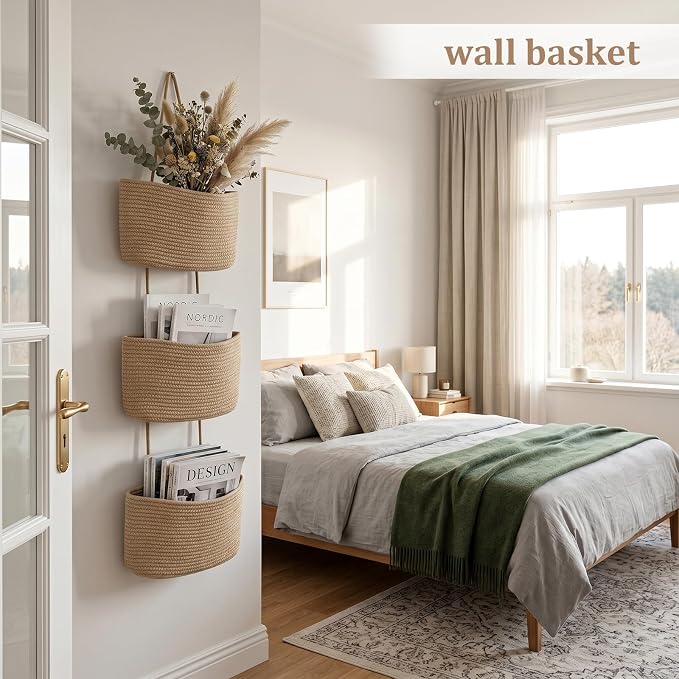 TeoKJ Over the Door Hanging Basket, 3-Tier Woven Cotton Wall-Mounted Storage - Image 3