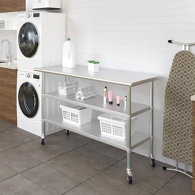 AmGood Stainless Steel Work Table with 2 Shelves and Casters | Metal Utility Table On Wheels (Stainless Steel Work Table with 2 Shelves + Casters, 60" Long x 30" Deep)