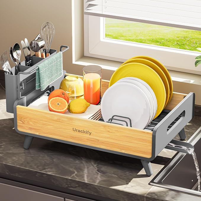 Urackify Modern Dish Rack for Kitchen Counter, Stainless Steel & Bamboo - Image 8