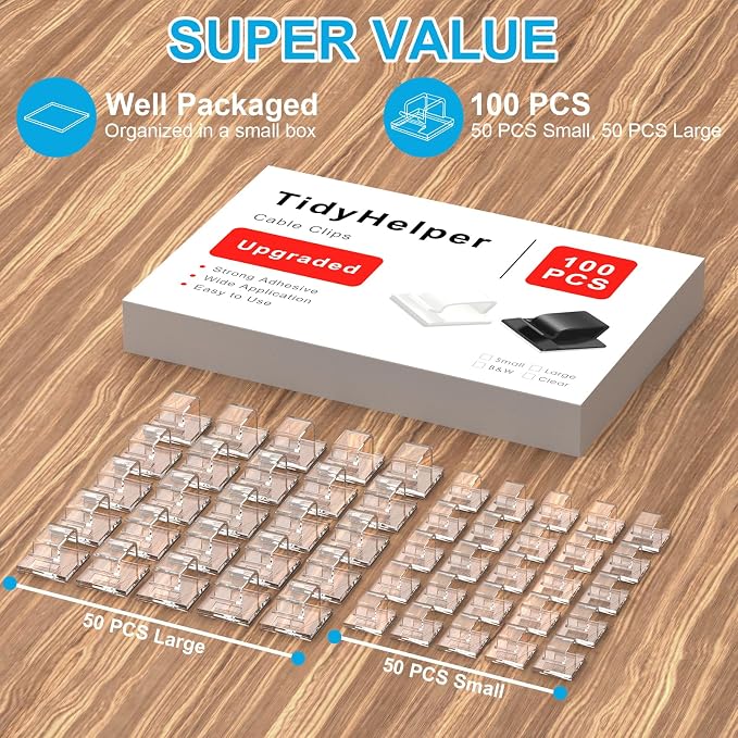 TidyHelper 100 PCS Outdoor Light Clips Clear, Small & Large Cable Clips | - Image 2