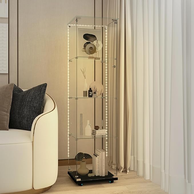 Yoluckea 4 Tiers Glass Display Cabinet with Bluetooth LED Light Strip, 1 Door Floor Standing Curio Cabinet with Universal Wheel for Home Office Display, Black Glass Bookshelf for Collections,Clear Top