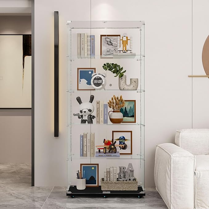 Glass Display Cabinet with LED Light Strip, 5 Shelves with 2 Doors, Glass Top Curio Storage Cabinets with Lock & Caster for Living Room,Floor Standing Bookshelf, Quick Installation - Black
