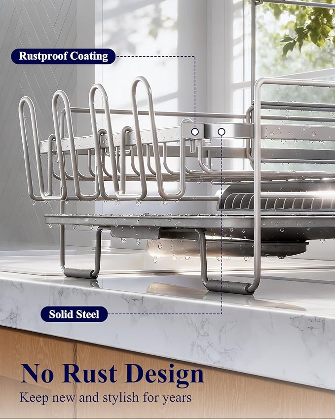 Kitsure Extendable Dish Drying Rack, 19.2"-26.7" L x 12.9" W, 2-Tier | Large - Image 4