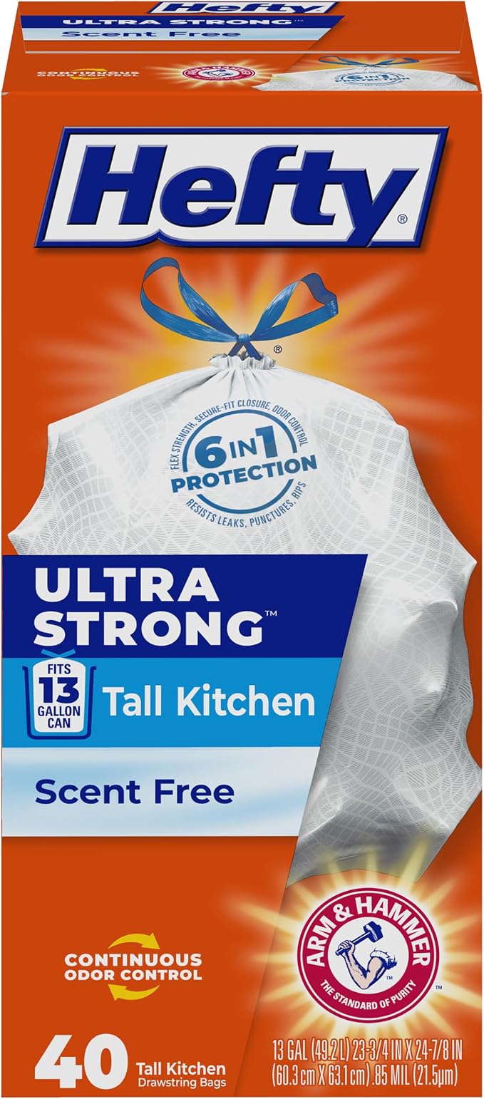Hefty Ultra Strong 13 Gal Kitchen Trash Bags, 40ct | 13G Tall White Trash Bags by Hefty