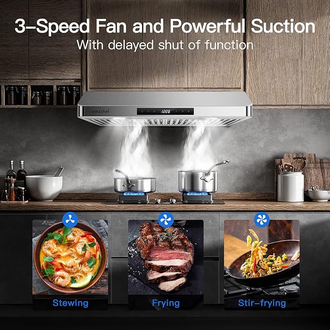 AMZCHEF Under Cabinet Range Hood 30 Inch, 750CFM Stainless Steel Kitchen Stove Vent Hood 3 Speed Exhaust Fan Touch/Remote/Gesture Control LED lights Time Setting Dishwasher-Safe Baffle Filters