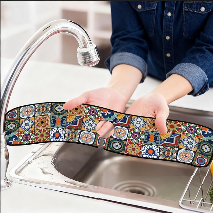 2 Pcs Kitchen Sink Splash Guard Faucet Mat Colored Bohemian Tiles Pattern - Image 6
