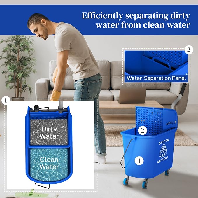 HOMCOM Commercial Mop Bucket Side Press Wringer Wheels 21 Quart Blue - Image 4