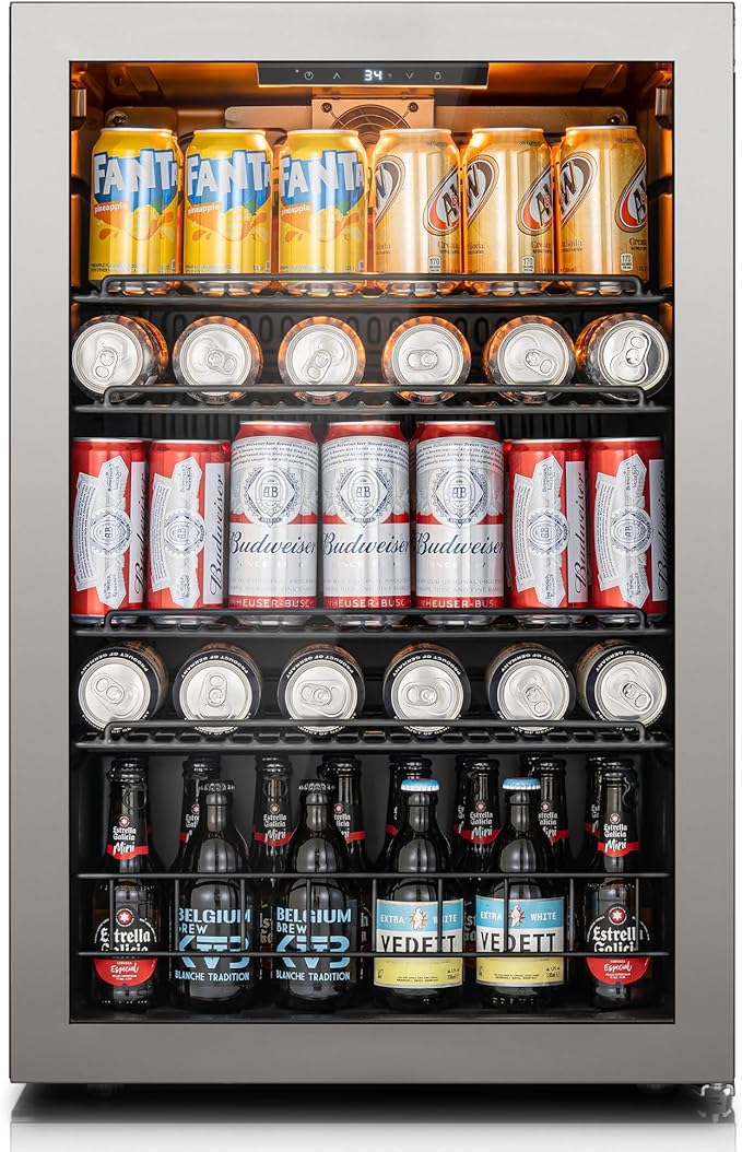 Ca'Lefort 155 Cans Beverage Cooler Mini Fridge, Beverage Refrigerator with Reversible Glass Door, Adjustable Shelves for Soda, Beer & Wine, Digital Temperature Control for Home, Office, Bar or Dorm