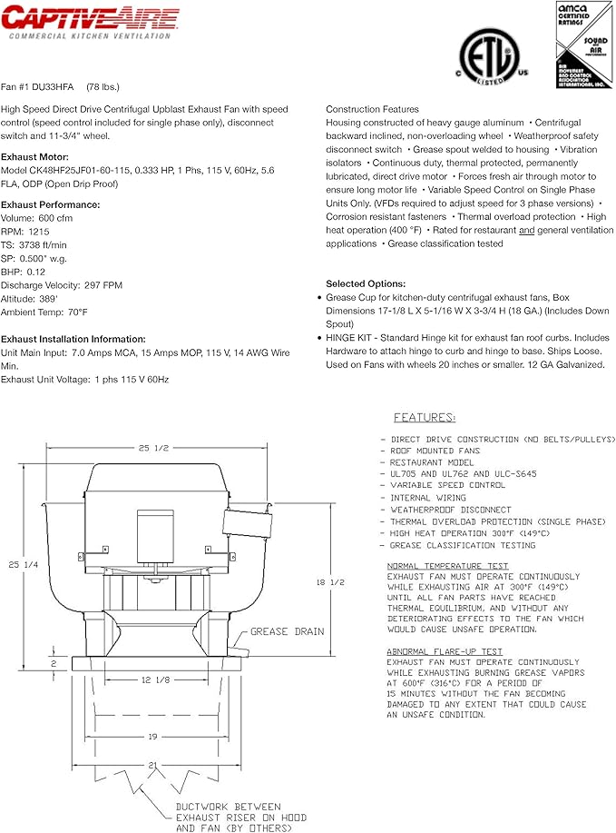 Restaurant Canopy Hood Grease Rated Exhaust Fan- High Speed Direct Drive Centrifugal Upblast Exhaust Fan with speed control- 21" Base, 0.33 HP 115 Volt Single Phase Motor, 500-1000 CFM (DU33HFA)