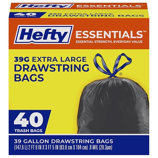 Hefty Essentials Extra Large 39 Gallon Trash Bags, 40ct | 39G Extra Large Black by Hefty