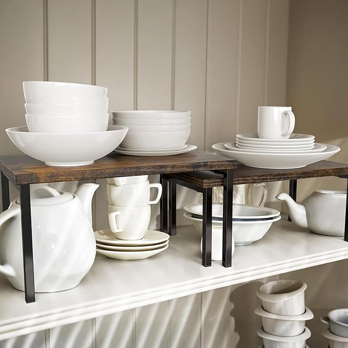 Simple Houseware Expandable Stackable Cabinet and Counter Shelf Organizer with Wooden Surface, 7.6'' D x 11.75'' W x 6.1'' H, Rustic Brown