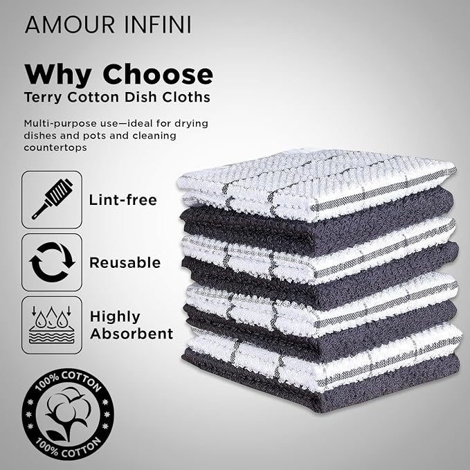 AMOUR INFINI Cotton Kitchen Dish Cloths Set of 8 – Highly Absorbent, Super Soft - Image 3
