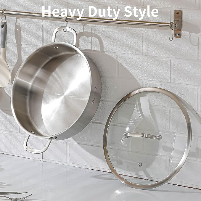 DELARLO 8QT Tri-Ply Stainless Steel Saute Pan With Lid, Jumbo Cooker 13 Inch Deep Frying Pan, Induction Large Skillet, Cooker Pan for Chefs, Dishwasher & Oven Safe