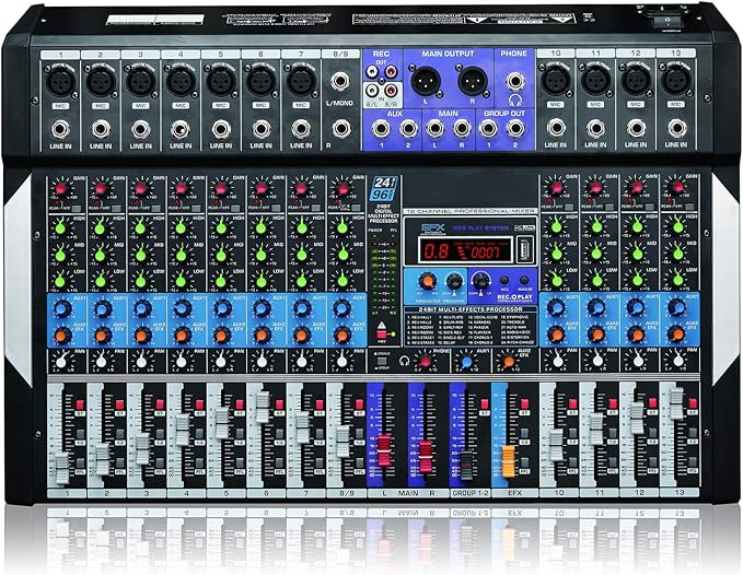 Boytone 12 Channel Bluetooth Studio Audio Mixer - DJ Sound Controller, USB MP3 Player, PC Recording, 96 KHZ, 11 Microphone Jack, 48V Phantom Power, 24BIT Digital Effect, Metal chassis, unpowered
