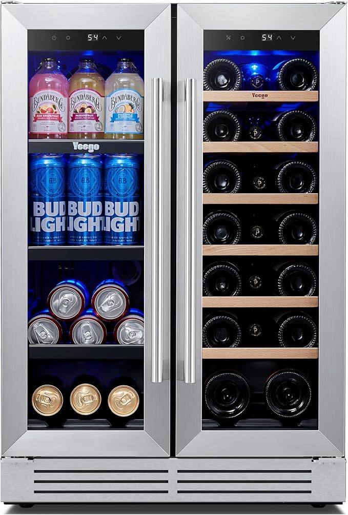 Yeego 24 Inch Wine and Beverage Refrigerator - 60 Cans & 20 Bottles Wine Fridge with Glass Door, 36-72°F Built-In or Freestanding Dual Zone Wine Cooler for Kitchen Bar Office Beer Soda Drink