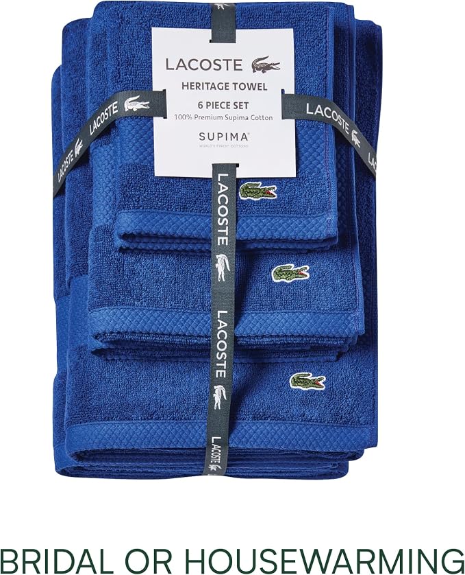 Lacoste Heritage Supima Cotton 6-Piece Towel Set, Surf Blue | Highly Absorbent - Image 5