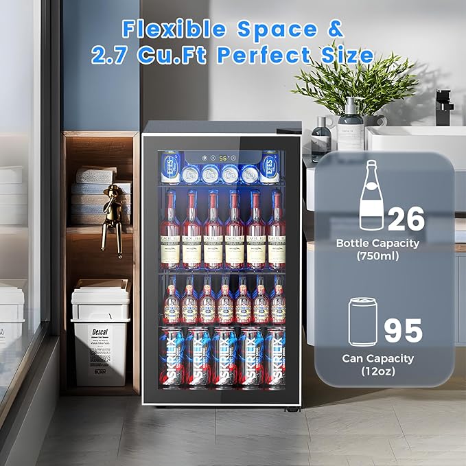 95 Cans Beverage Refrigerator, 26 Bottle Mini Fridge, 2.7 cu.ft Drink Fridge Digital Temperature Control for Bottled Beer, Soda,Water