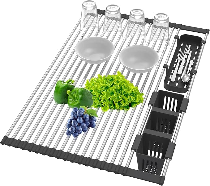 BBXTYLY Extra Large Black Expandable Roll Up Dish Drying Rack Up to 22.8''with - Image 2