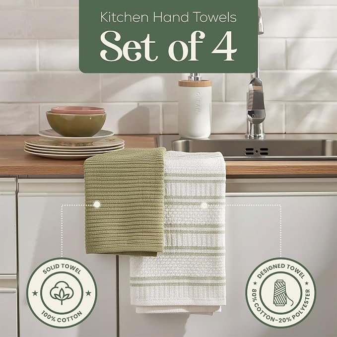 Kitchen Towels, Cotton Hand Towels, Sage Green and Cream Ribbed - Image 2