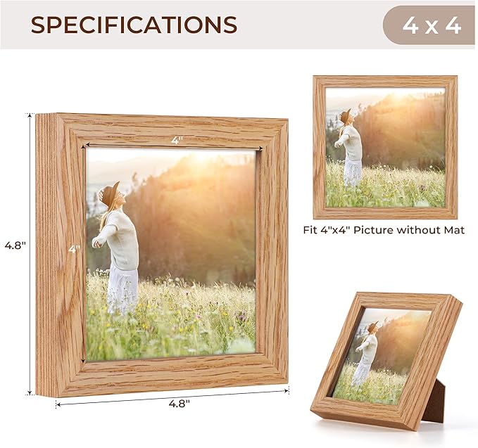 Fun Memories 4x4 Picture Frame, Solid White Oak Wood Frame 4 by 4, 4 x 4 Square Photo Frame with Tempered Real Glass, Rustic Wooden Frame 4"x4" for Wall & Tabletop Display, Natural Color, Set of 2