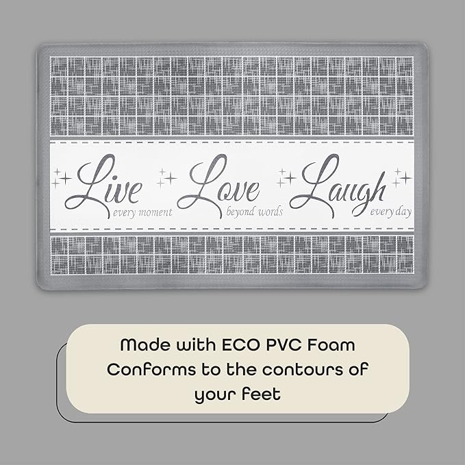 Anti-Fatigue Floor Comfort Mat - 18 x 30 Inch (Live, Love, Laugh Grey) - Waterproof Non-Slip Rug - Easy to Clean Cushioned Mat for Kitchen, Bathroom, Standing Desk & Office - Achim Home Decor
