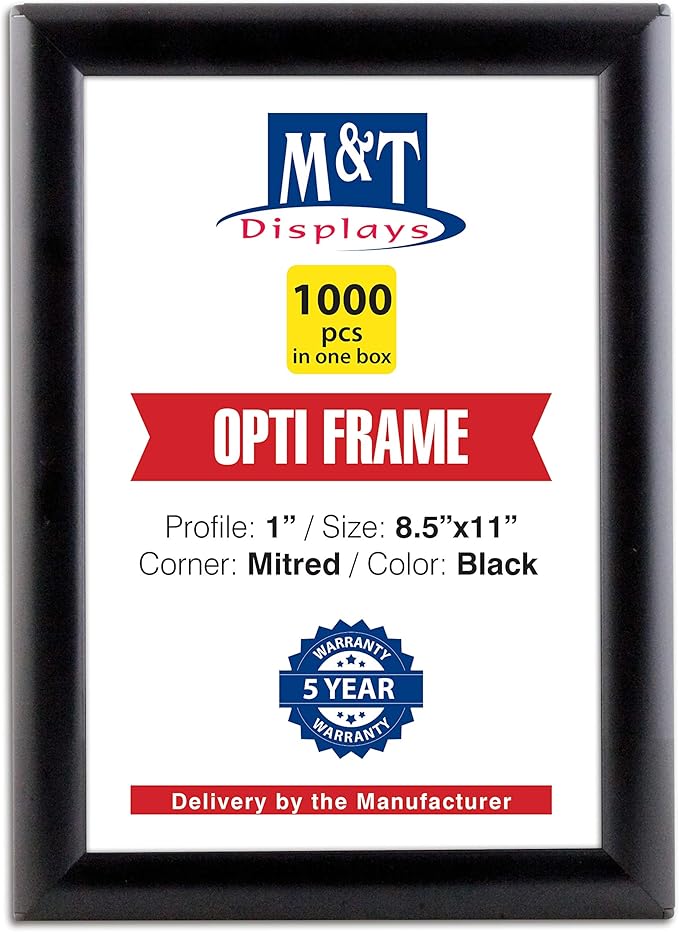 DisplaysMarket 8.5x11 Snap Frame for Wall Mount, Opti Frame, 1 inch Profile- Black, 1000