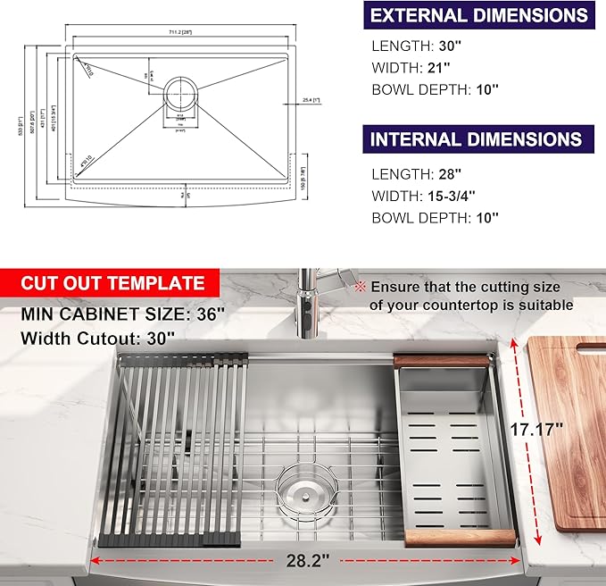 30 Inch Workstation Farmhouse Kitchen Sink 16 Gauge Stainless Steel Undermount Apron Front Sinks with Accessories Combo 30" x 21" x 10"