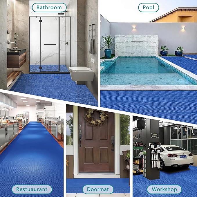 WochiTV Non Slip Drainage Mats PVC Pool Floor Mat 0.23'' Thick Outdoor Indoor Parking Space Mat for Bathroom Garage Basement Backyard Commercial Kitchen 3x3.3Ft Blue