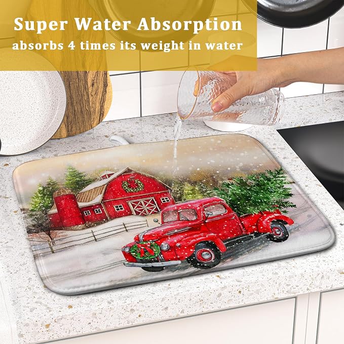 Red Truck Dish Drying Mat Xmas Tree Dish Drainer Rack Mat Winter Microfiber - Image 7