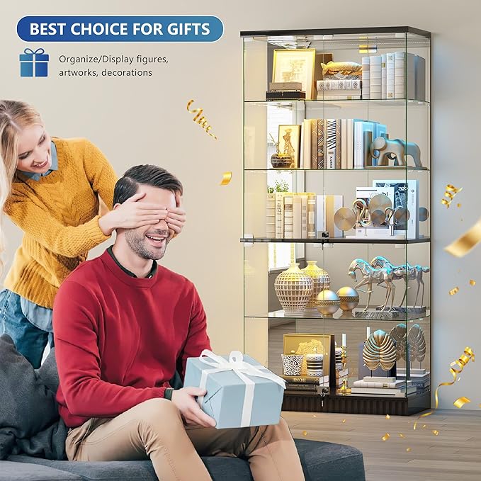 Glass Display Cabinet with RGB Lights - 5-Tiers Curio Cabinet Display Case with Lock, Frameless Tall Showcase Display Shelf for Collectibles & Legos, Living Room Bookcase Storage Cabinet (Black)