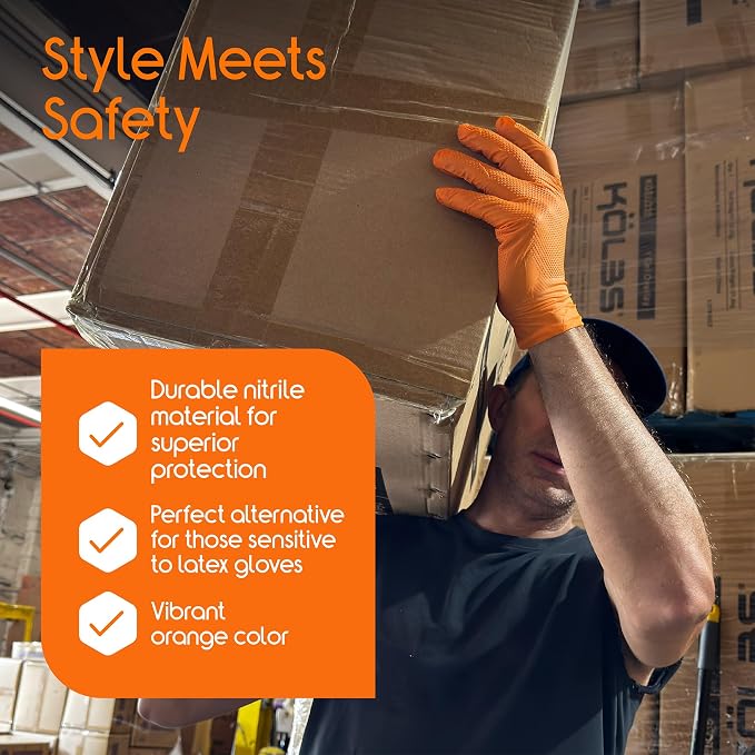 Inspire Heavy Duty Orange Nitrile Gloves | ULTRA 8 Mil Diamond Textured Grip | - Image 2